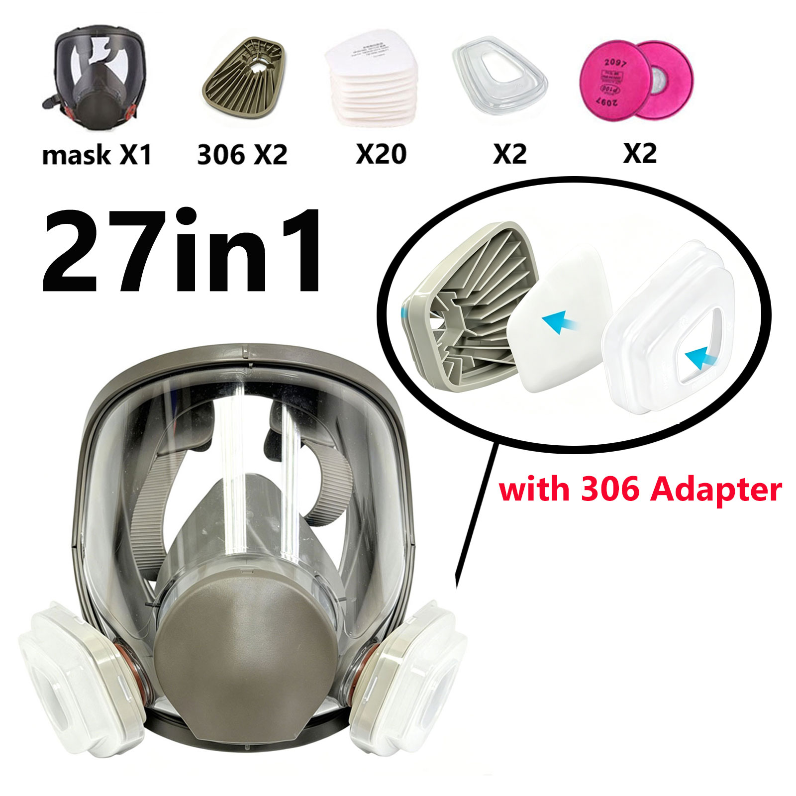 Dust Mask Construction - 6800フルフェイスマスク（306フィルターアダプター付き）、改良型デザイン（従来の6001CNと比較）、粉塵、有機蒸気対策
